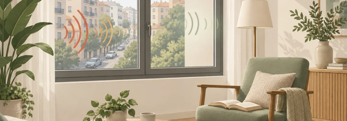 Ilustración de un salón con ventana cerrada y ondas sonoras atenuadas desde el exterior.