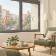 Confort acústico en una vivienda nueva Ilustración de un salón con ventana cerrada y ondas sonoras atenuadas desde el exterior.