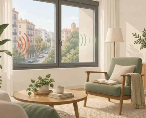 Ilustración de un salón con ventana cerrada y ondas sonoras atenuadas desde el exterior.