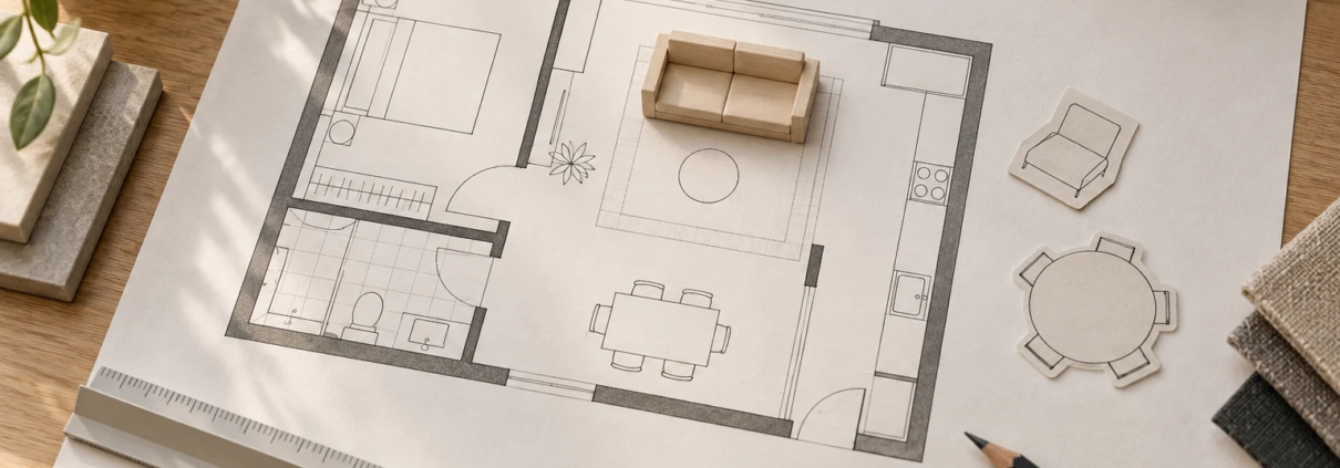 Plano conceptual de una vivienda con una maqueta de sofá, recortes de muebles, una regla y un lápiz sobre una mesa.