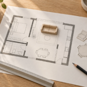 Plano conceptual de una vivienda con una maqueta de sofá, recortes de muebles, una regla y un lápiz sobre una mesa.