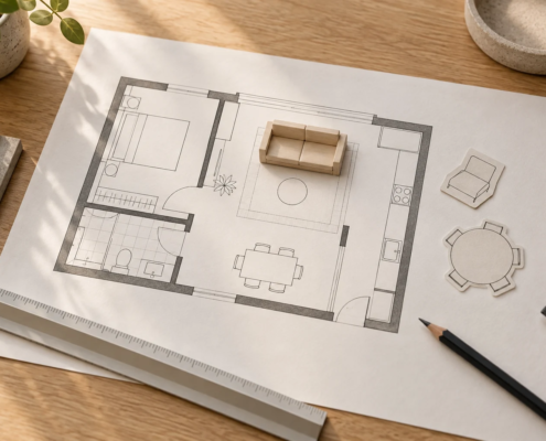 Plano conceptual de una vivienda con una maqueta de sofá, recortes de muebles, una regla y un lápiz sobre una mesa.