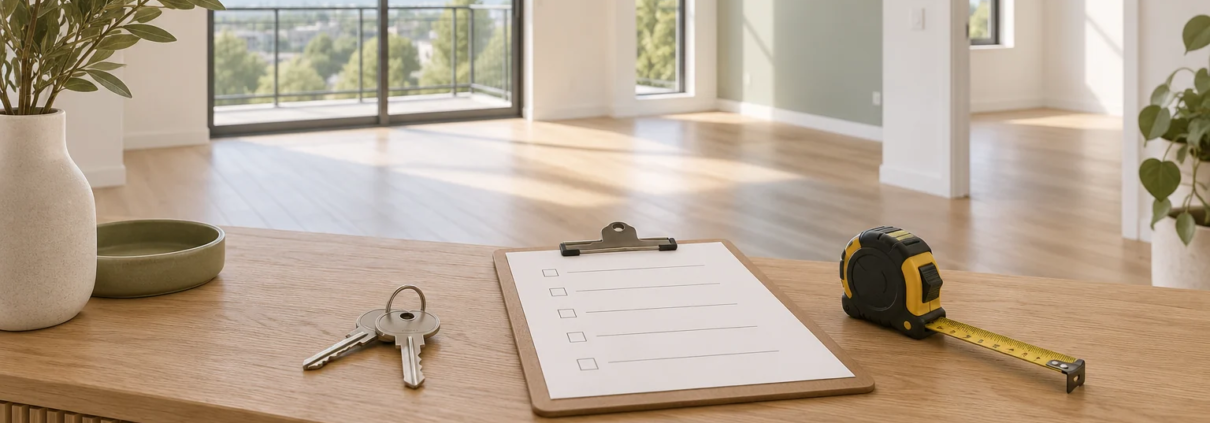 Ilustración conceptual de unas llaves, una lista de comprobación y una cinta métrica sobre una consola de madera en una vivienda.