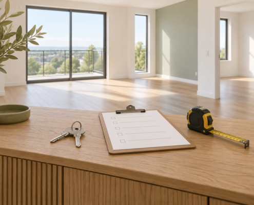 Ilustración conceptual de unas llaves, una lista de comprobación y una cinta métrica sobre una consola de madera en una vivienda.