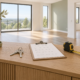 Ilustración conceptual de unas llaves, una lista de comprobación y una cinta métrica sobre una consola de madera en una vivienda.