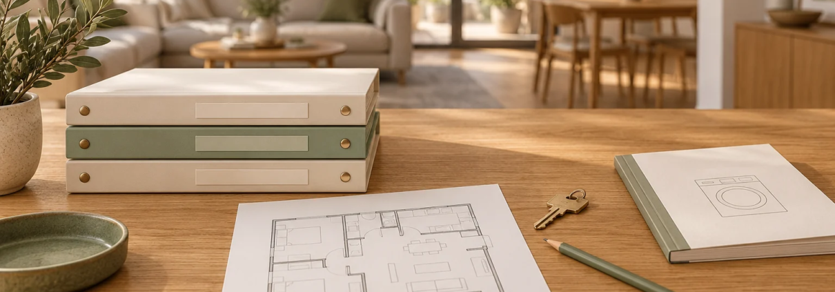 Ilustración conceptual de carpetas, un plano de vivienda, un manual y una llave organizados sobre una mesa de madera.