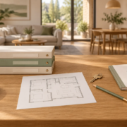 Ilustración conceptual de carpetas, un plano de vivienda, un manual y una llave organizados sobre una mesa de madera.