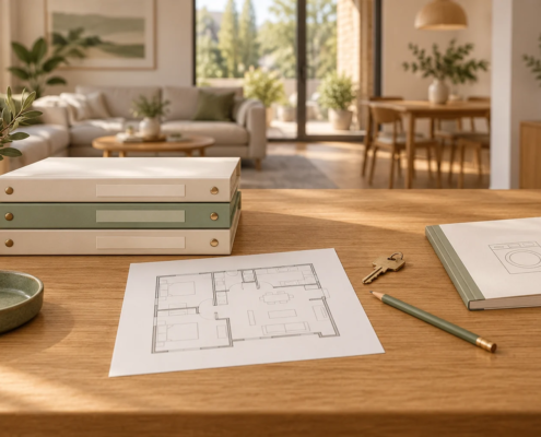 Ilustración conceptual de carpetas, un plano de vivienda, un manual y una llave organizados sobre una mesa de madera.