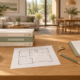 Ilustración conceptual de carpetas, un plano de vivienda, un manual y una llave organizados sobre una mesa de madera.
