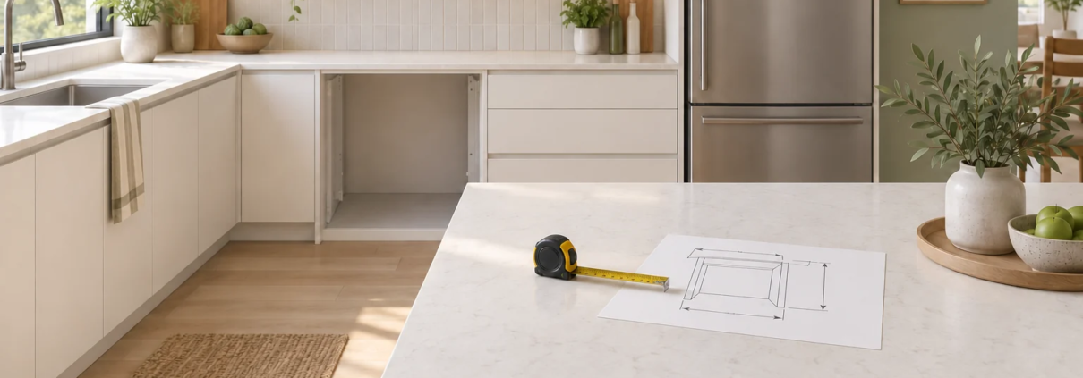 Ilustración conceptual de una cocina con un hueco de electrodoméstico vacío y una cinta métrica junto a un esquema sobre la encimera.