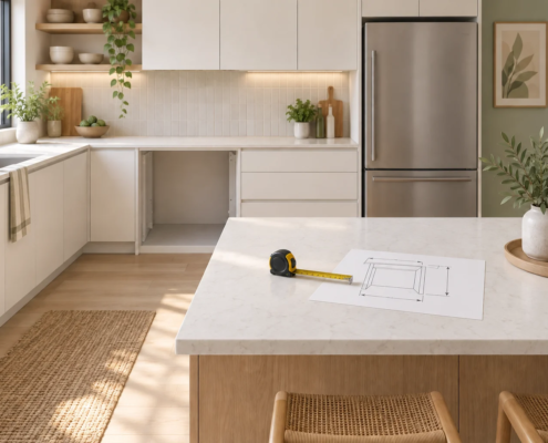 Ilustración conceptual de una cocina con un hueco de electrodoméstico vacío y una cinta métrica junto a un esquema sobre la encimera.