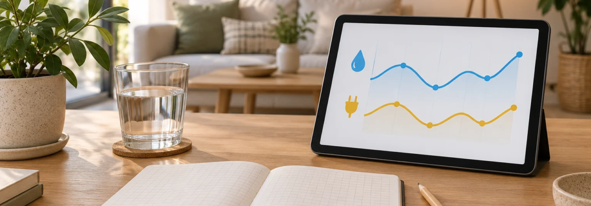 Ilustración conceptual de un cuaderno y una tableta con gráficos esquemáticos de agua y electricidad sobre una mesa.