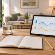 Primeras lecturas de luz y agua: cómo crear un registro útil de tu vivienda Ilustración conceptual de un cuaderno y una tableta con gráficos esquemáticos de agua y electricidad sobre una mesa.