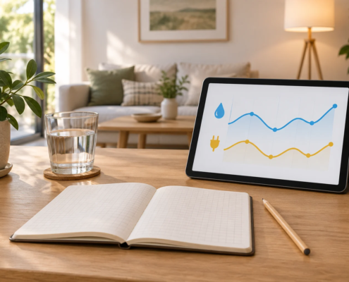 Ilustración conceptual de un cuaderno y una tableta con gráficos esquemáticos de agua y electricidad sobre una mesa.