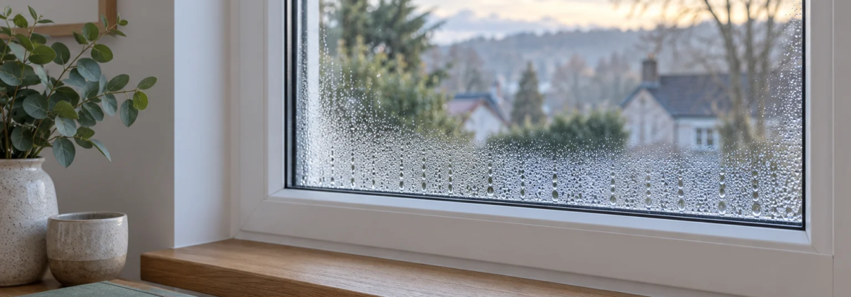 Ilustración conceptual de una ventana con pequeñas gotas de condensación en la parte inferior y un cuaderno junto al alféizar.
