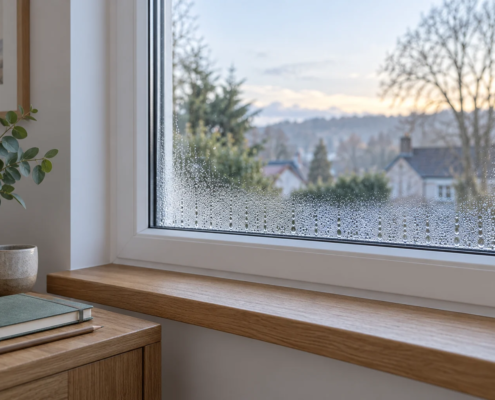 Ilustración conceptual de una ventana con pequeñas gotas de condensación en la parte inferior y un cuaderno junto al alféizar.