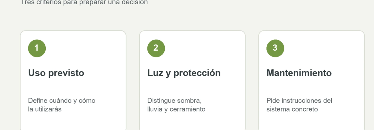 Tres criterios: Uso previsto, Luz y protección, Mantenimiento