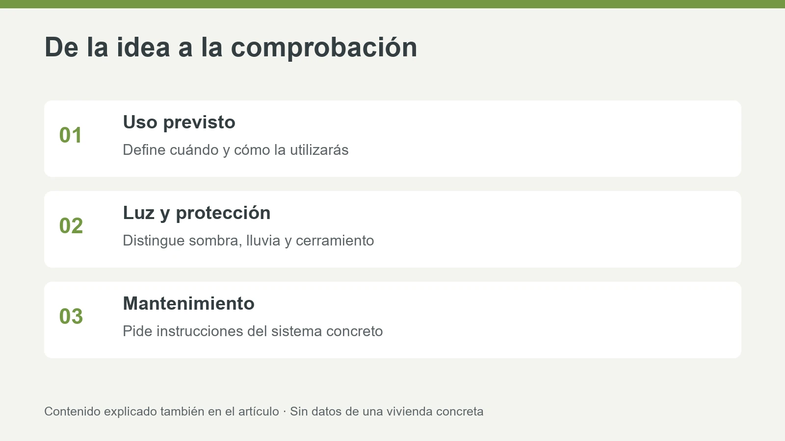 terrazas cubiertas — comprobaciones prácticas Define cuándo y cómo la utilizarás; Distingue sombra, lluvia y cerramiento; Pide instrucciones del sistema concreto